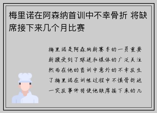 梅里诺在阿森纳首训中不幸骨折 将缺席接下来几个月比赛